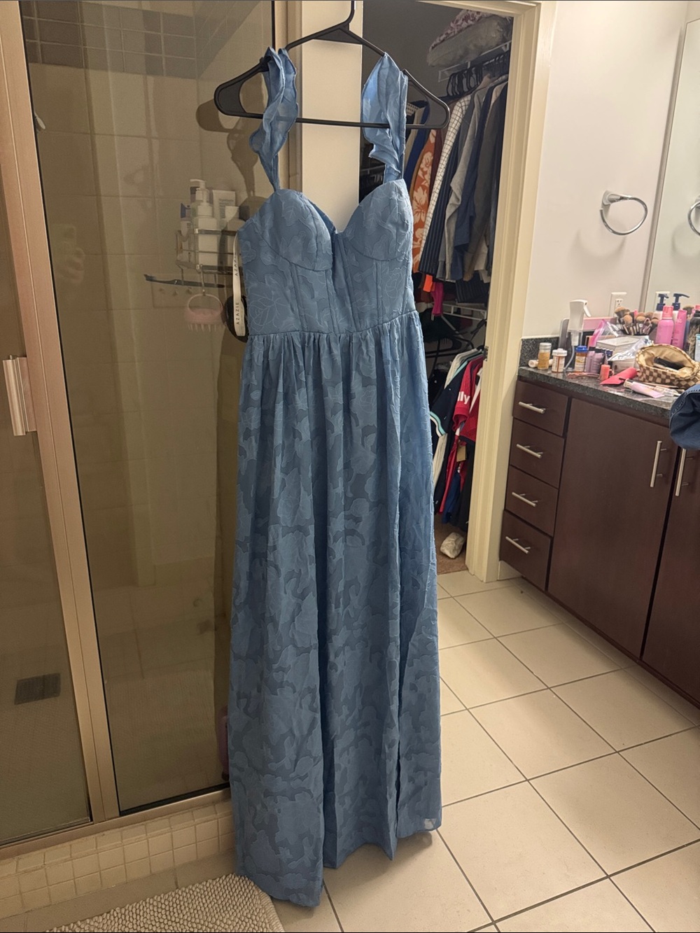 Azazie Light Blue Textured Maxi Dress with Sweetheart Bodice